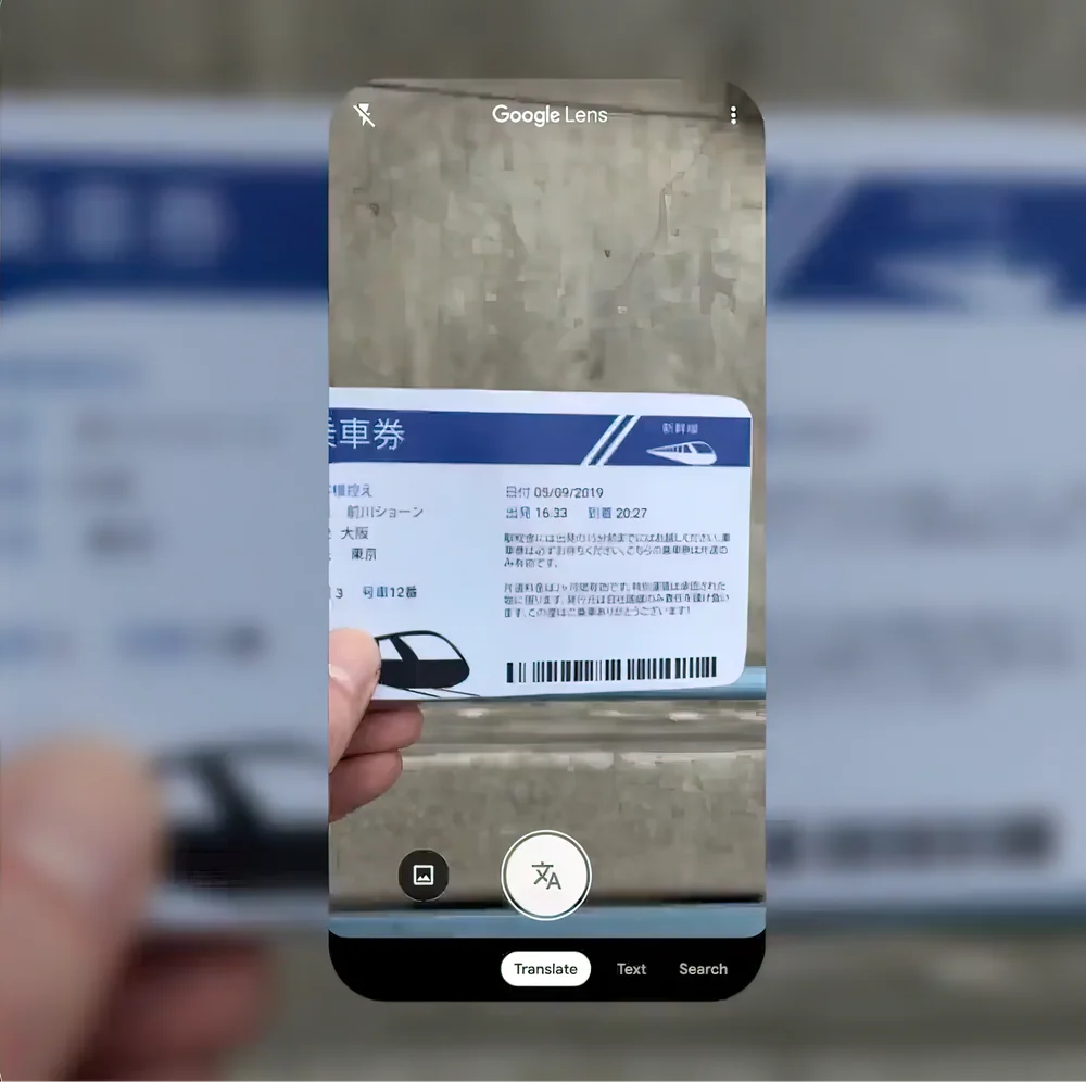 Google Lens being used to translate text on a train ticket