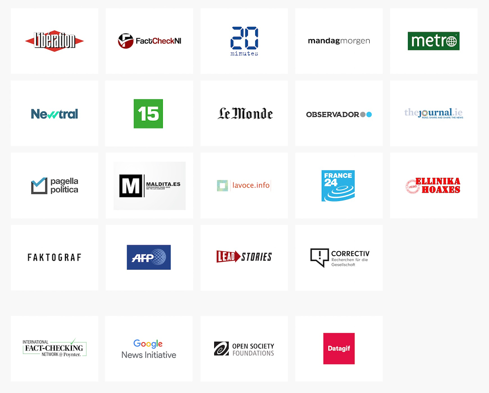 A grid of logos of 19 European news outlets.