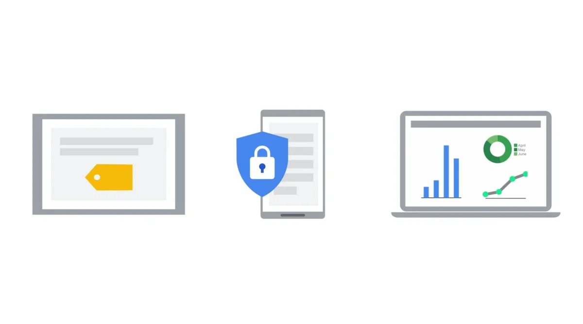 Icons of laptops and phones, with a blue shield in the center. In the blue shield there is a white lock.