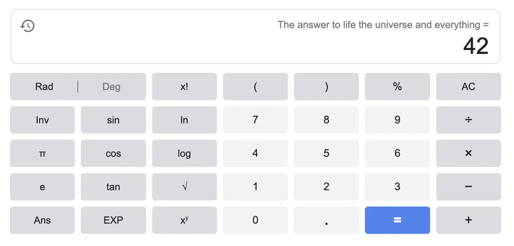 Calculator showing “The answer to life the universe and everything” is 42.