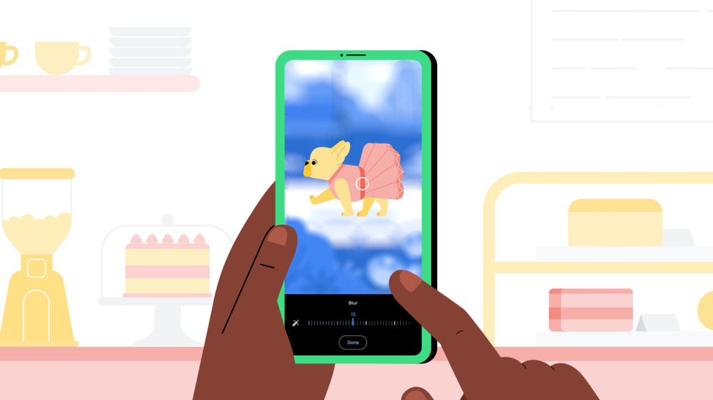 Illustration of an Android phone Blurring the background of a pet photo.