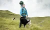 A person wearing a camera mounted backpack stands in a field next to sheep