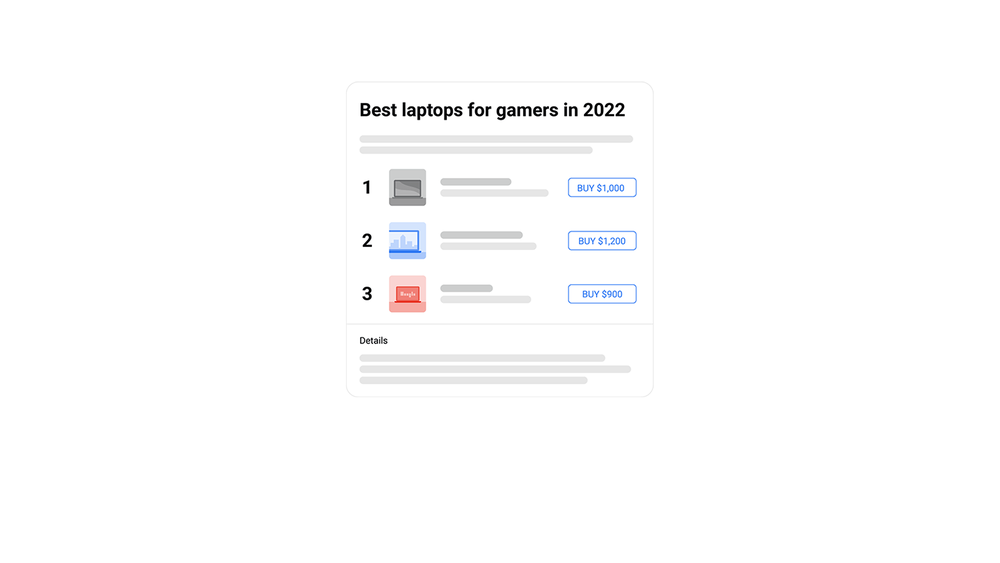 Mocked up design of product reviews for "best laptops for gamers" in search results