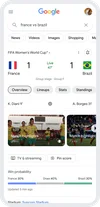 Captura de pantalla de los resultados de búsqueda para el juego Brasil vs Francia que muestra un puntaje empatado, los momentos destacados del partido y la probabilidad de ganar el juego.