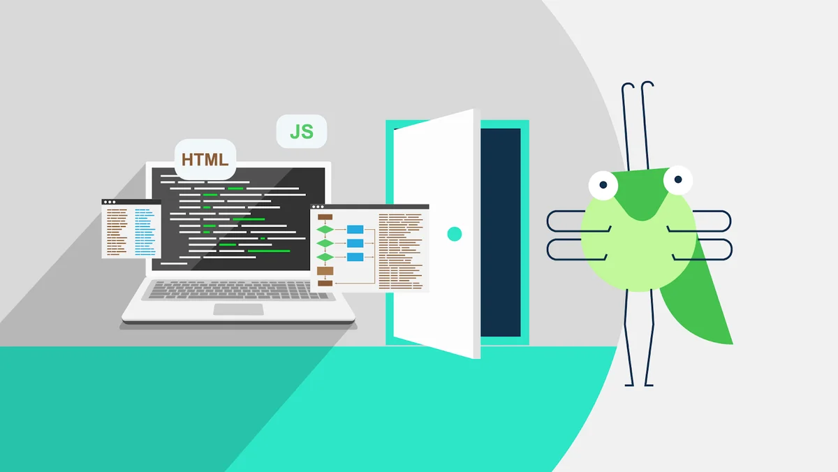 ícone do app grasshopper em frente a um computador e nomes de linguagens de programação como html