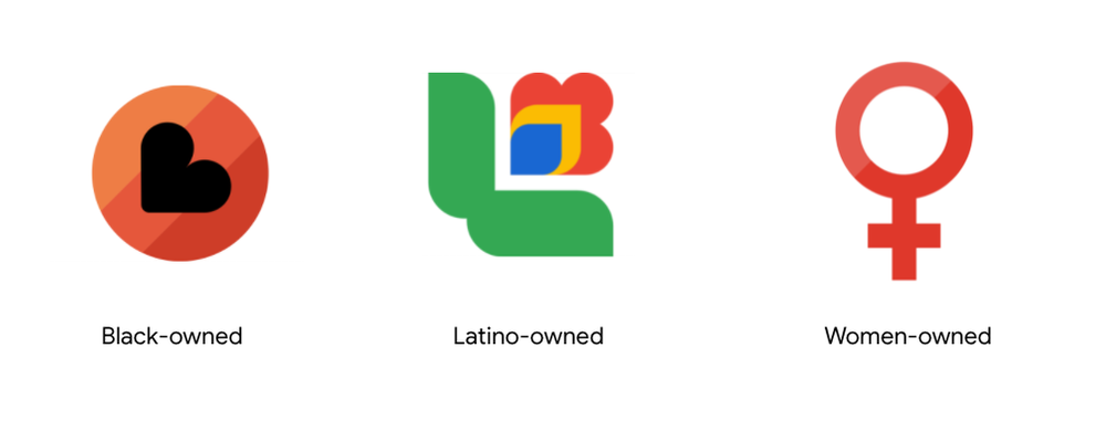 On the left, an orange and red circle with a black heart on top symbolizes Black-owned publishers. In the center, a stylized blue, yellow and red flower symbolizes Latino-owned publishers. On the right, a red circle with a small cross underneath symbolizes Women-owned publishers.