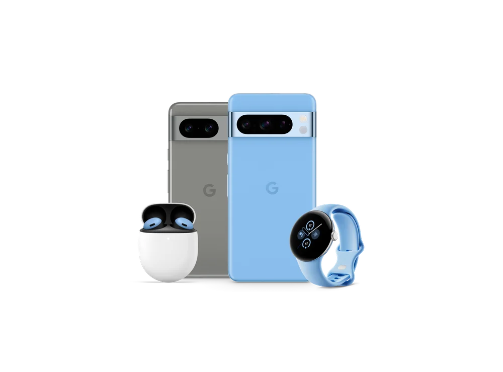 
                         
                           An image of Pixel 8 in Hazel, Pixel 8 Pro in Bay, Pixel Buds Pro in Bay and Pixel Watch 2 with a Bay band.
                         
                       