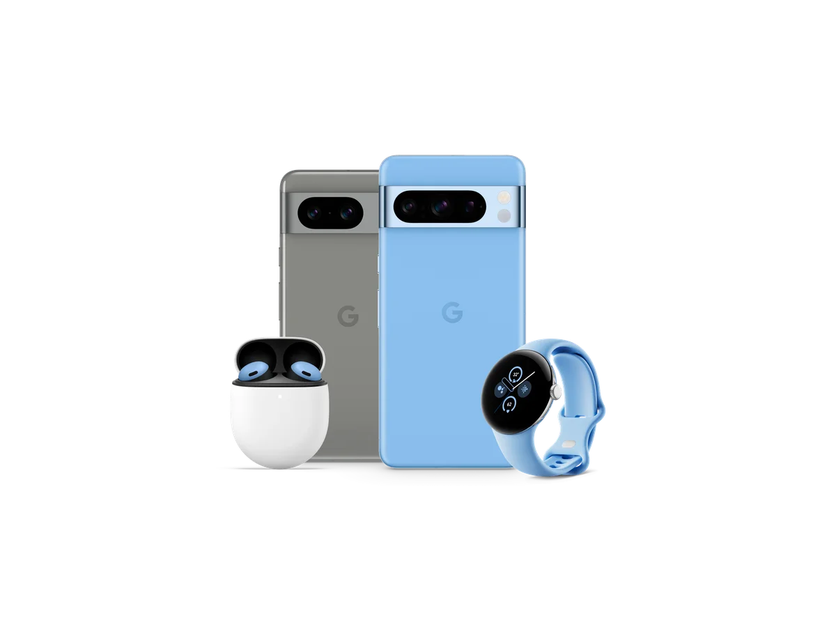 Pixel 8 、Pixel 8 Pro、Pixel Buds ProとPixel Watch 2のイメージ画像。