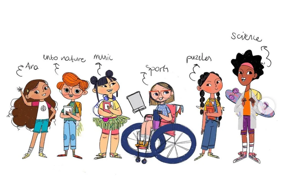 Illustration of the Super Solvers group; there are six characters, starting with Ara. One wears a backpack, the other headphones, another uses a wheelchair, there is the Indigenous character, another carries a skateboard.