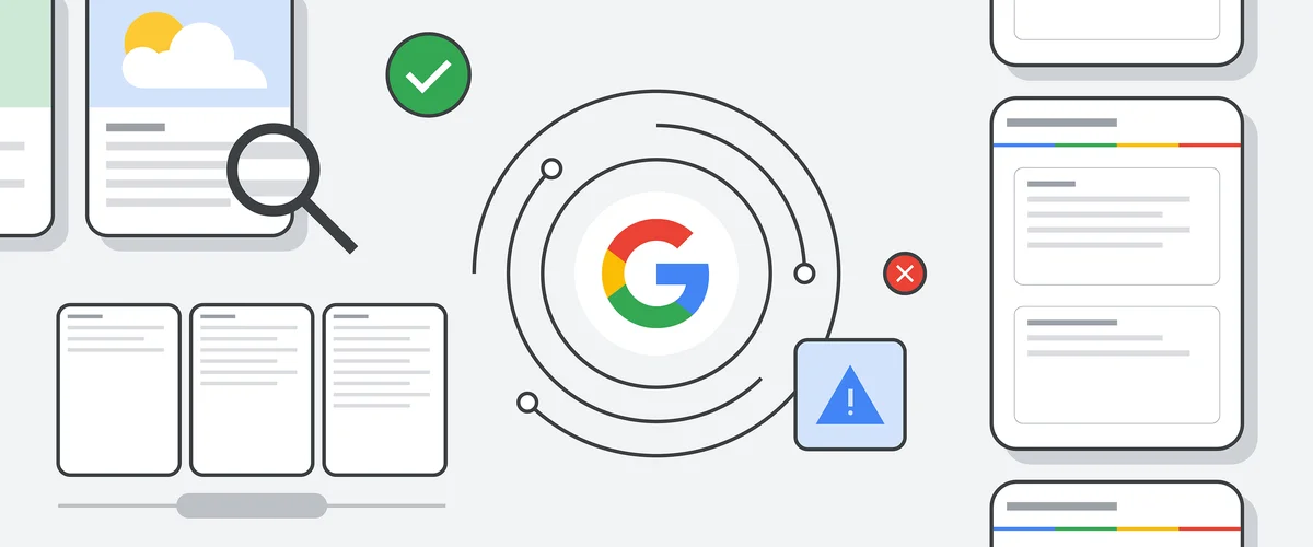 Graphic of the Google logo surrounded by a spiral, a checkmark, a red X, and mockups of screens