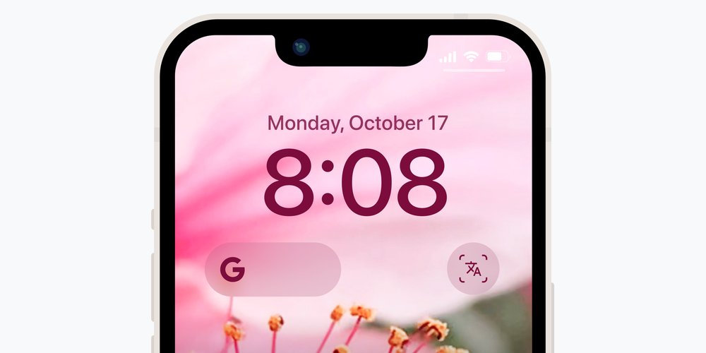 Una pantalla de bloqueo de iPhone con una foto de flores rosadas y dos widgets de pantalla de bloqueo de búsqueda. Uno muestra la barra de búsqueda de Google, el otro muestra el icono de Lens Translate.