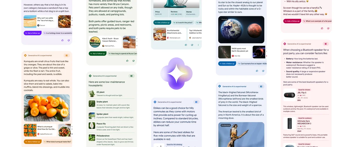 Various responses from the new generative AI experience in Google Search.