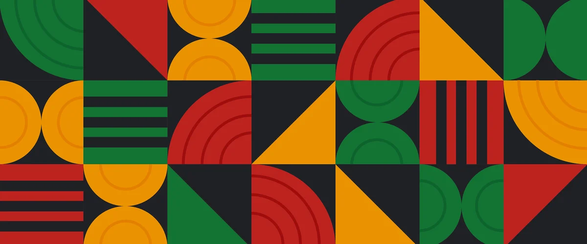 Illustration with shapes in green, red, gold and black.