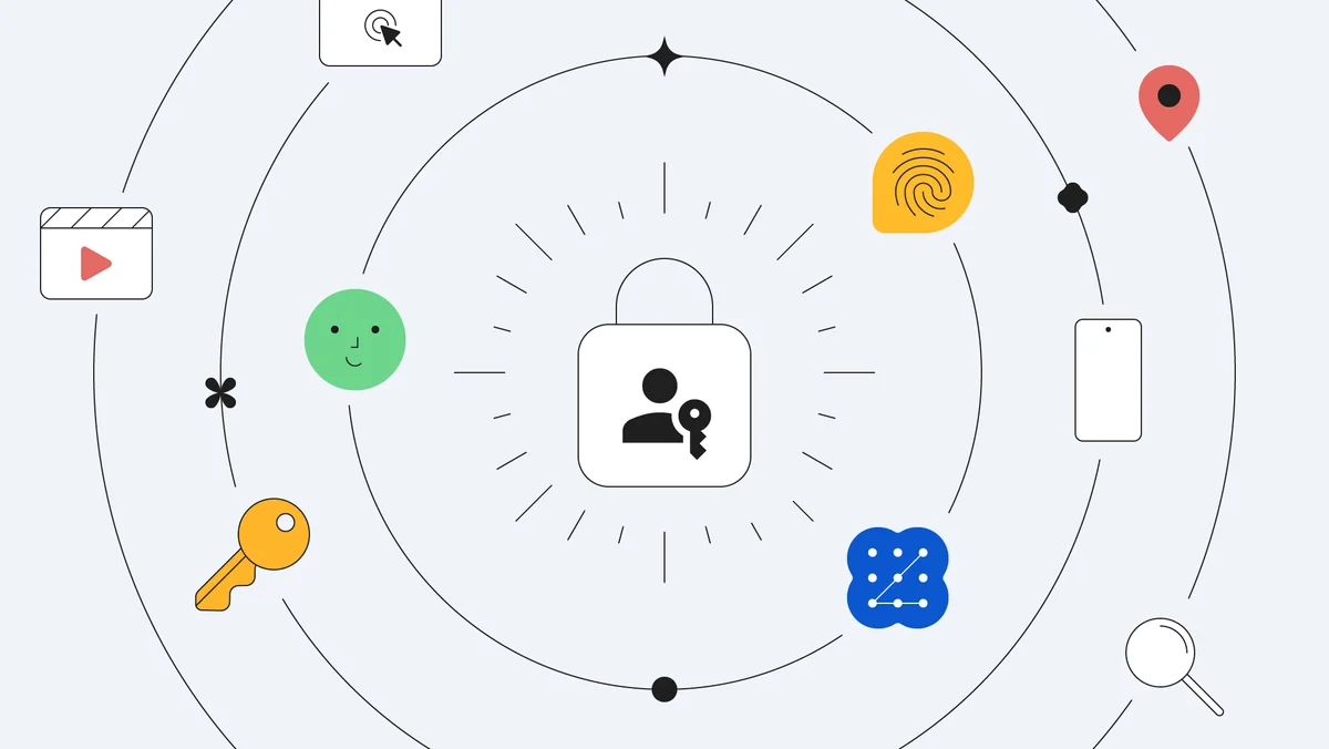 an illustration of a lock surrounded by icons like keys and fingerprints
