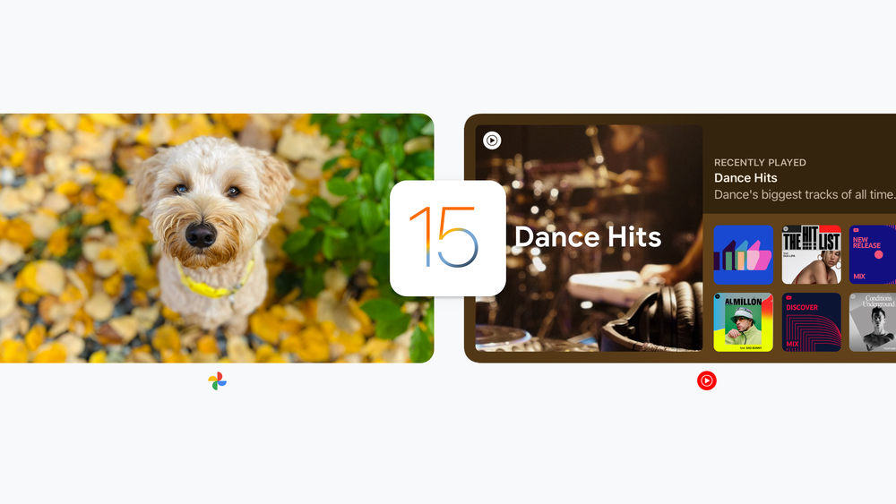 XL iPad widgets featuring a dog in Google Photos and a “Dance Hits” playlist in YouTube Music.