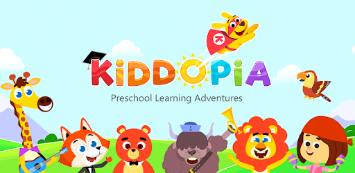 Kiddopia Preschool Learning Adventures mobile game with cartoon characters in a bright and sunny world, featuring a giraffe, fox, bear, ox or yak, lion, parrot, dog with a cape and a human with maracas.