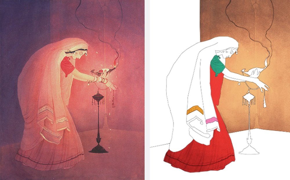 Lady Lighting a Lamp from the collection of Salar Jung Museum, and a page from the interactive Diwali art coloring book