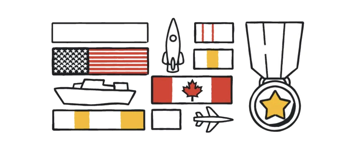 Hand drawn illustrations of symbols including U.S. and Canada flags, boats, planes and military distinctions