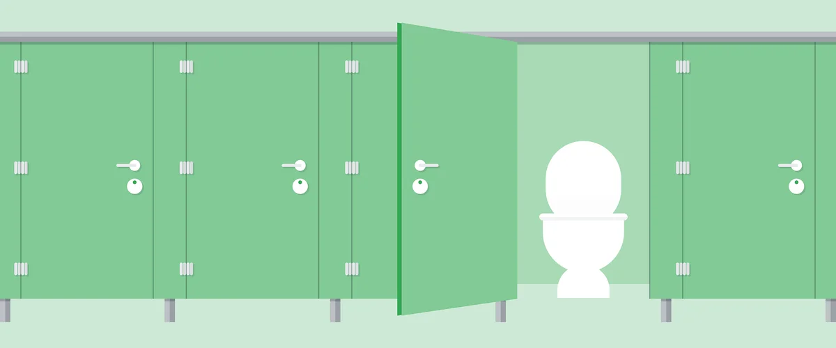 An illustrated image of green bathroom stall doors in a row. One stall door is open revealing a white illustrated toilet.