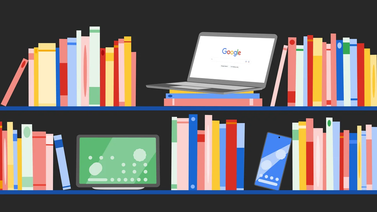 Digital graphic of books, a computer, a tablet and a phone