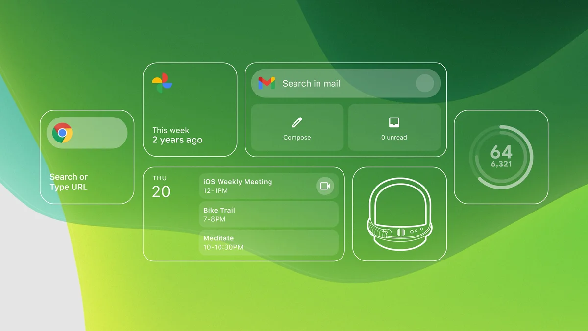 Abstract rendering of Google products and apps in iOS widgets.