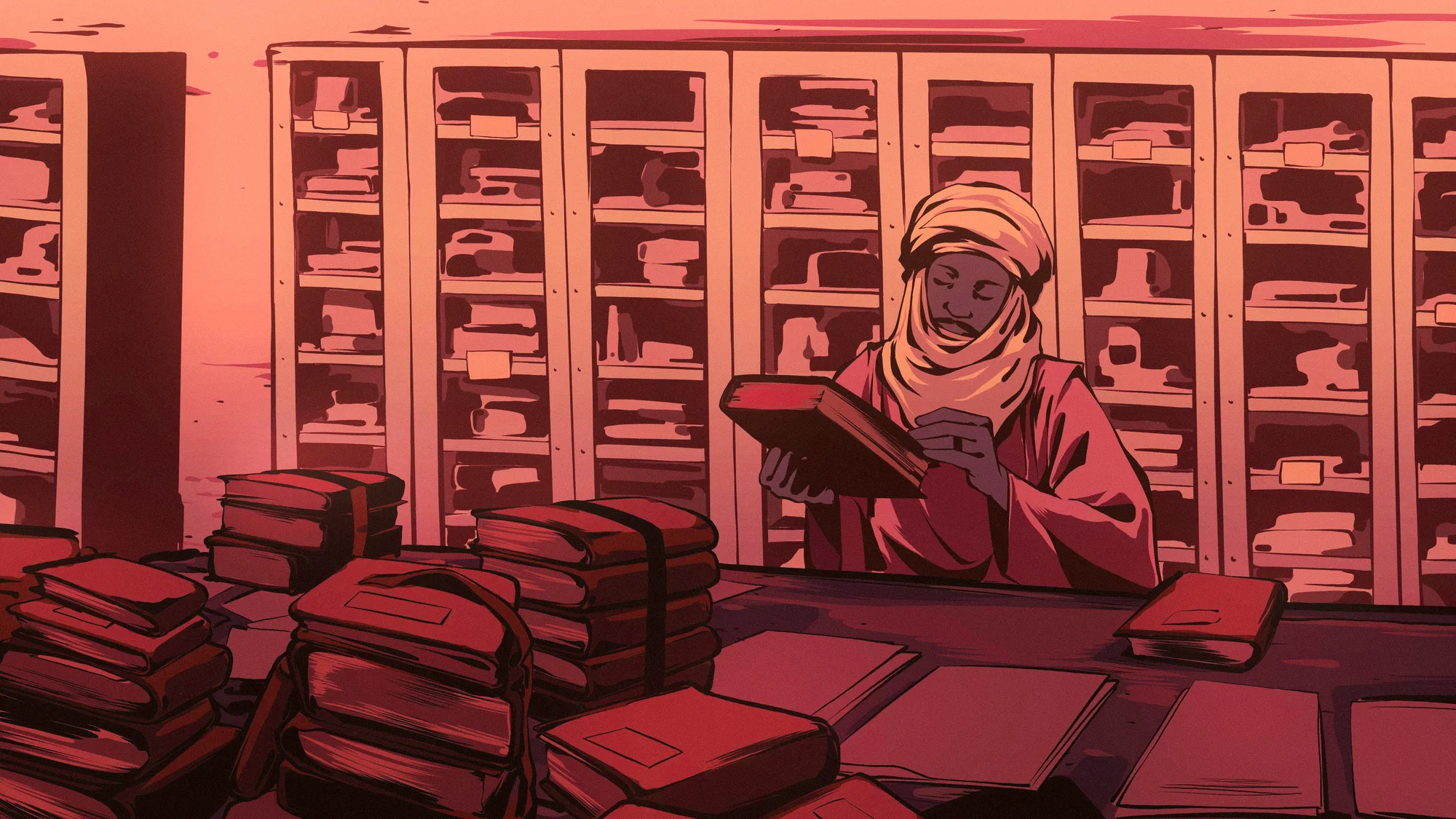 A graphic of a librarian in Timbuktu holding a manuscript volume.