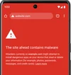 A red phone screen shows a warning for a website, which says “the site ahead contains malware.