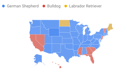 Map showing regional interest in German Shepherds, Bulldogs and Labrador Retrievers.