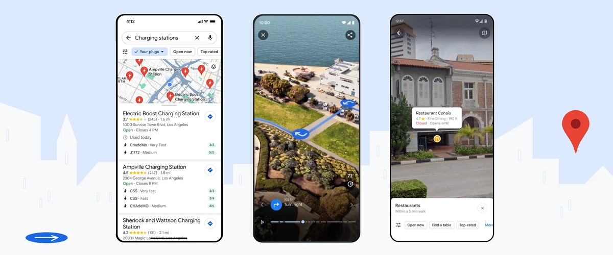 3 téléphones affichent les nouvelles fonctionnalités de Google Maps : infos sur des bornes de recharge pour les véhicules électriques, instructions pour un itinéraire cyclable et infos sur une entreprise à proximité grâce à Lens in Maps.