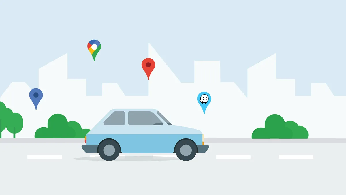 Imagem estática de um carro na estrada com os pins da marca Google Maps e Waze