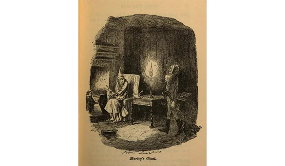 Illustration of Ebenezer Scrooge meeting Jacob Marley's ghost