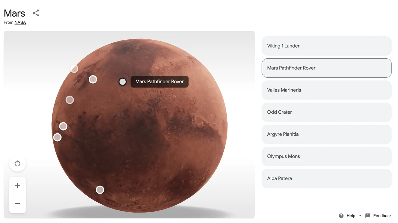 An image of Mars pinpointing the Mars Pathfinder Rover.