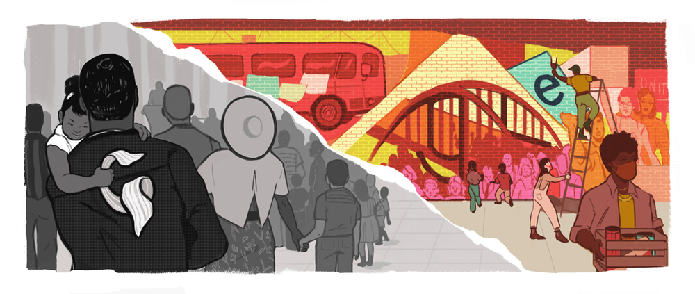 A Google Doodle showing half a black and white painting of a Civil Rights Movement-era speech, and a color painting of a modern-day protest mural.