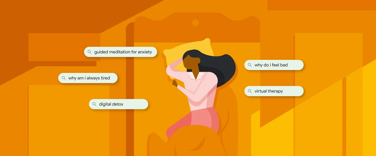 An illustration of a girl with dark skin and long hair laying in bed with search bubbles surrounding her head saying things like "why am I always tired" and "digital detox".