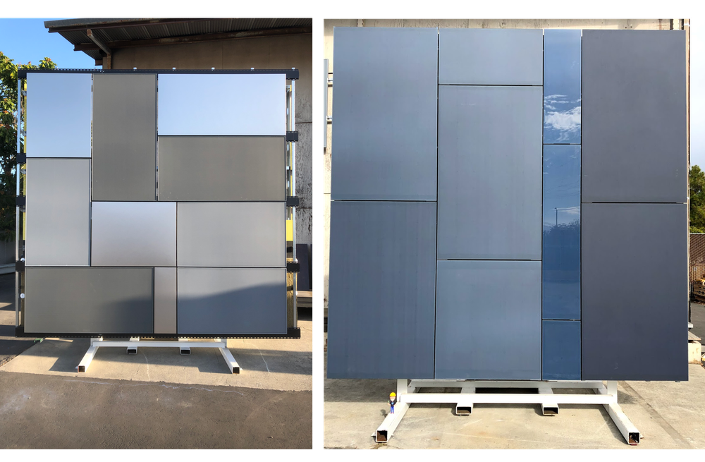 Two examples at our R+D Lab of exploring how to add photovoltaics on facades: rearranging standard solar panels into more visually interesting mosaics (left) and integrating solar into standard window framing (right).