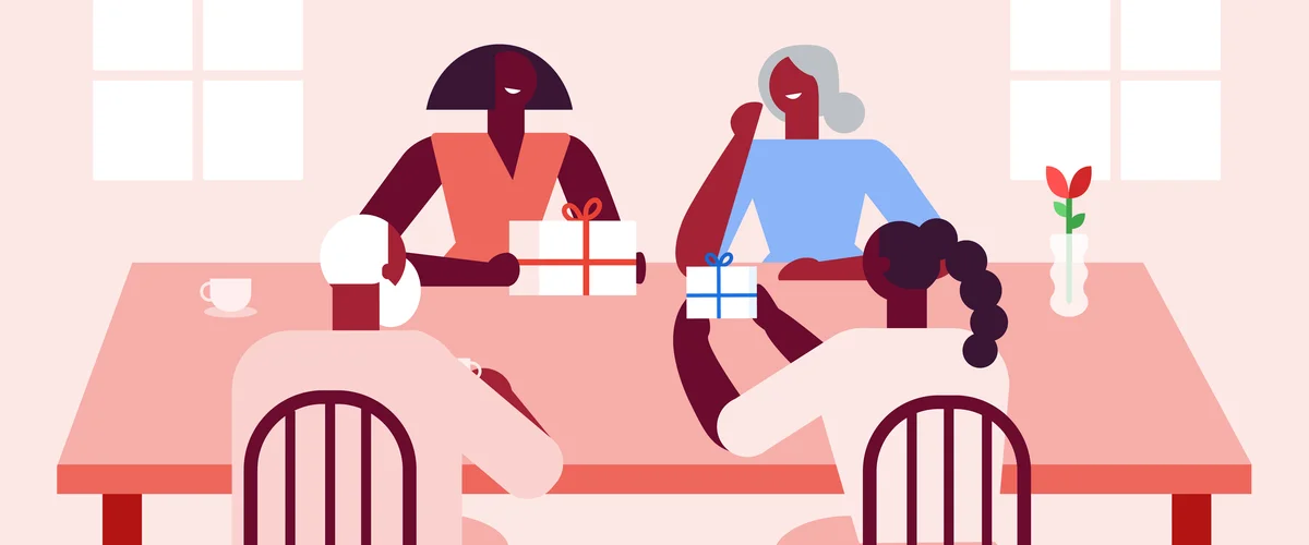 An illustration that shows a family sitting together at a table exchanging gifts.