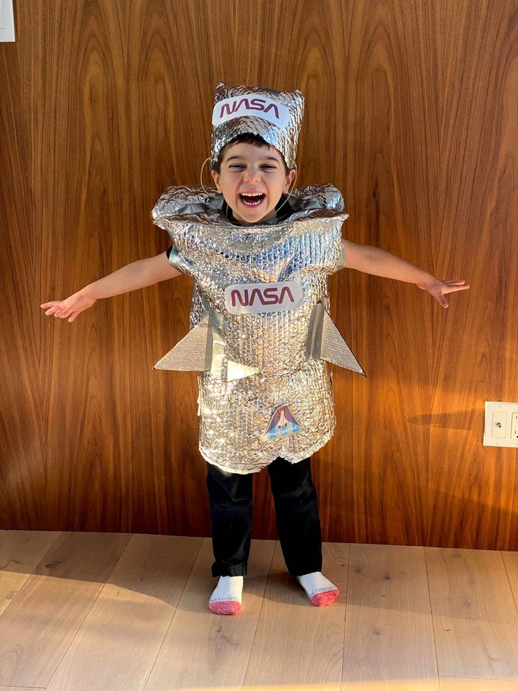 Lauren Sparandara’s son, Jack, in his Halloween costume made of old packaging materials.