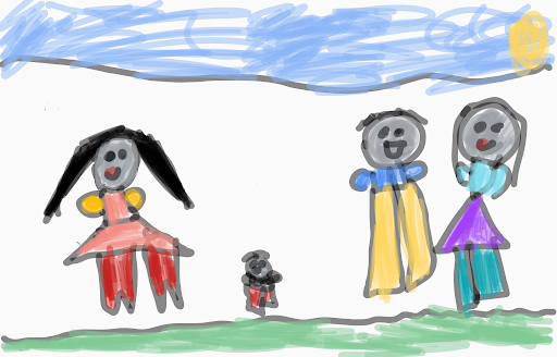 A colorful painting of Inara, her parents and her little brother