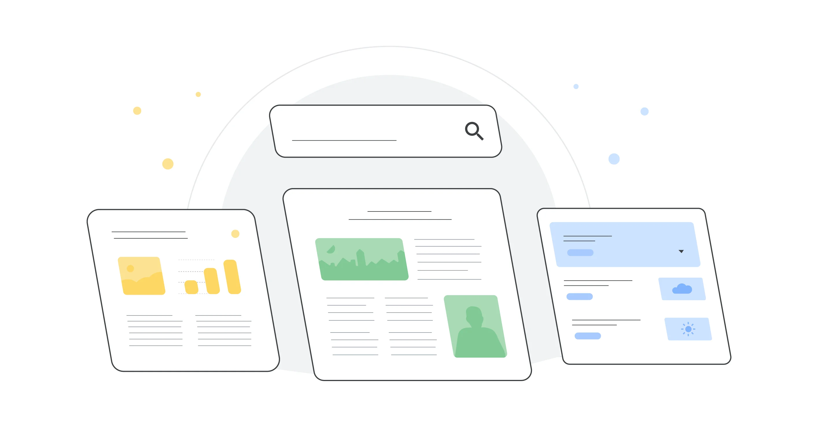 Suchleiste, darunter 3 unterschiedliche Websites mit Blindtext, Bildern und einem Säulendiagramm