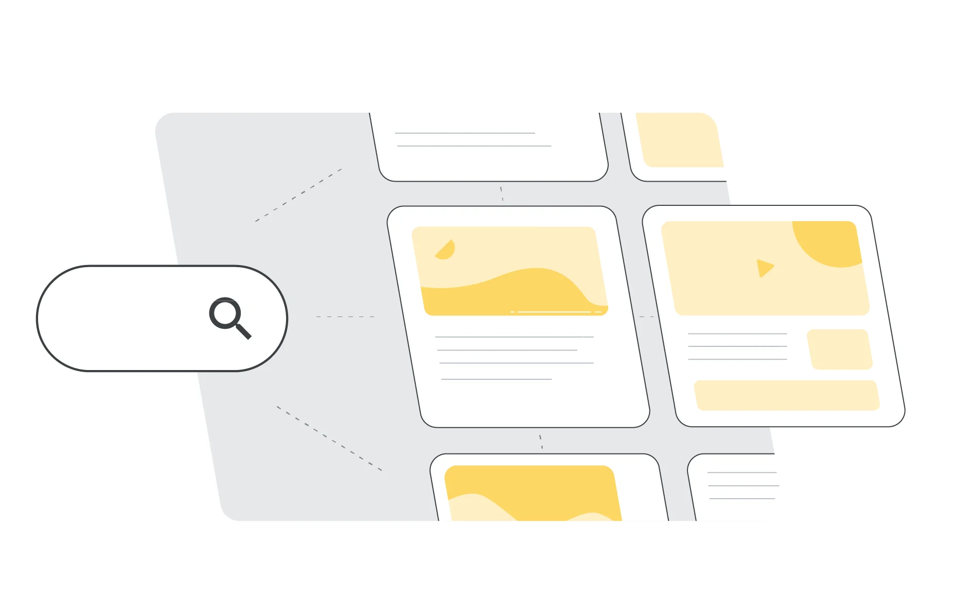 Una ilustración mostrando una barra de búsqueda junto a varios sitios web que muestran contenido que incluye texto e imágenes