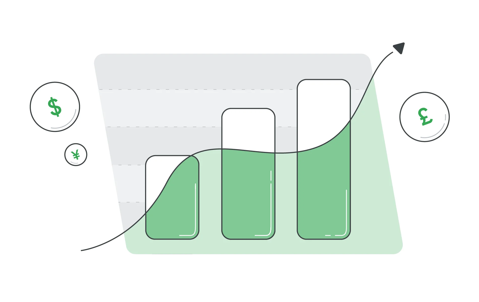 Un grafico a barre e a linee va verso l’alto e a destra. Intorno al grafico ci sono bolle con simboli di valuta (£, $, ¥)