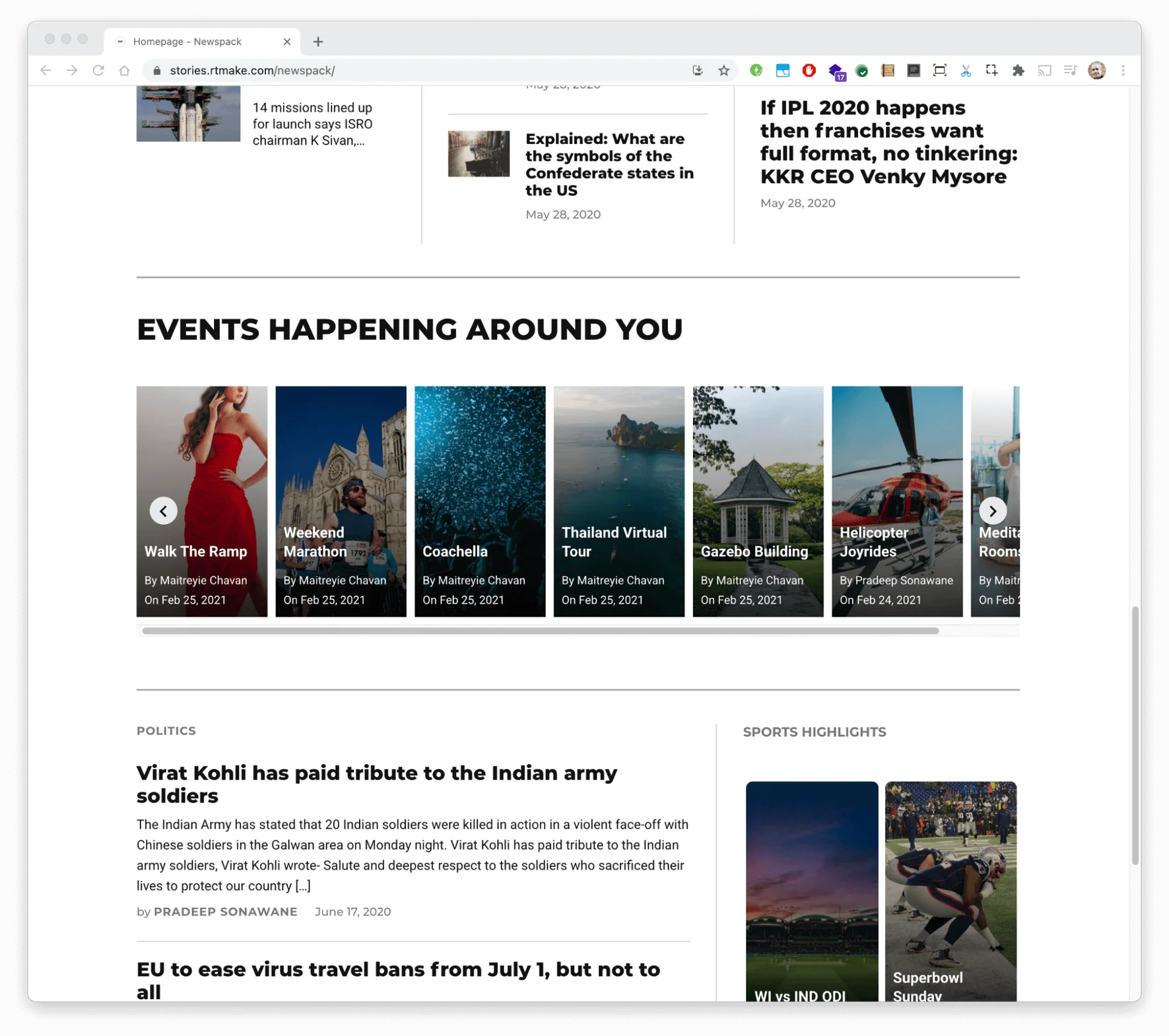 A web page made with Newspack with a Web Story carousel to showcase events happening around the reader with rectangular image previews