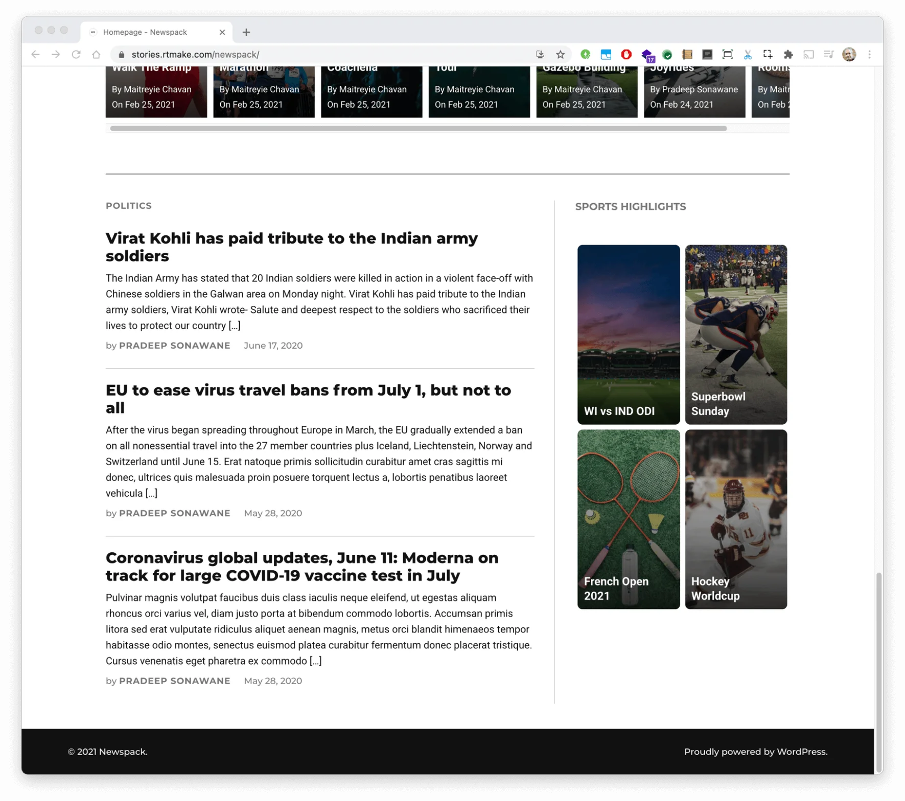 An example news website made with Newspack that showcases a four by four grid of Web Story preview cards on the right side of the page.