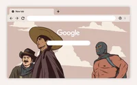 Chrome browser background depicting three people looking into the distance, with clouds behind them