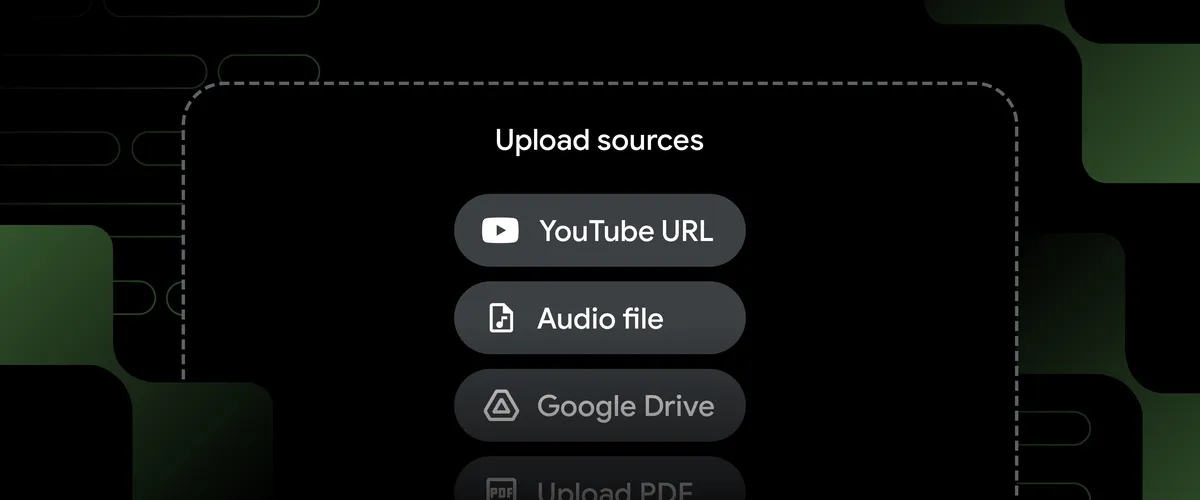 Dialog box with options to upload a YouTube URL, audio file, Google Drive and more