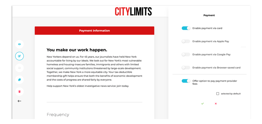 A screengrab of the page editing interface, showing a City Limits fundraising webpage.