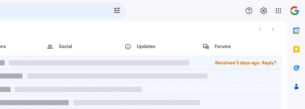 Gmail inbox with a Nudge next to one message reading Received 3 days ago. Reply?