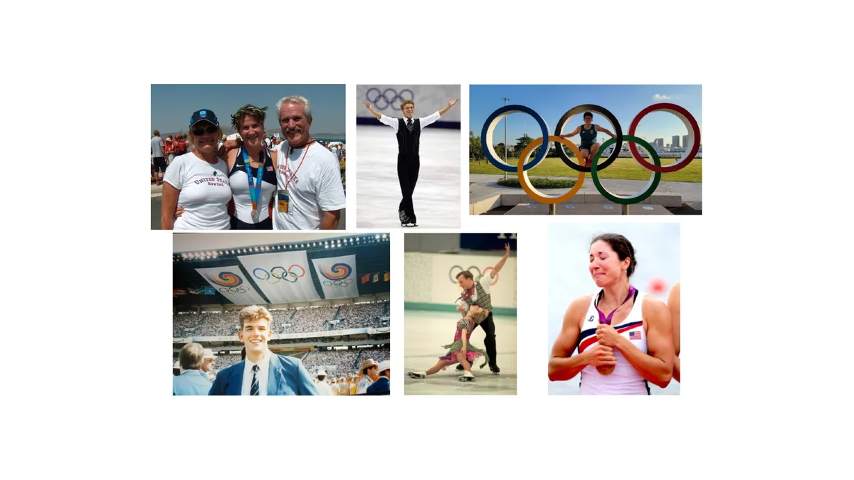 Image of five photographs of various Googlers at the Olympics.