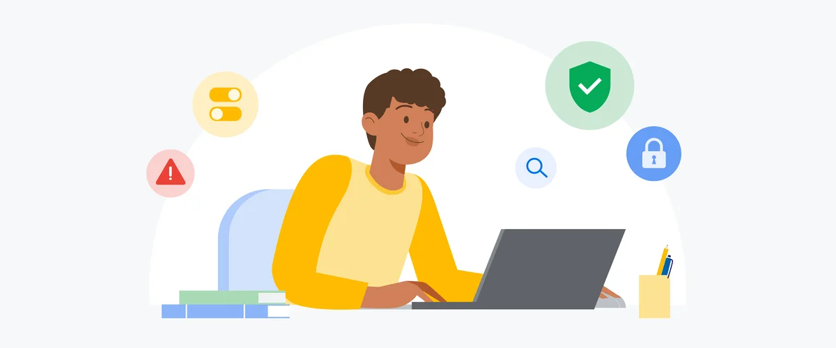 Una ilustración de una persona sentada frente a una computadora portátil con íconos flotando alrededor de su cabeza, mostrando símbolos relacionados con la seguridad, como un candado, una señal de advertencia y un escudo con una marca de verificación.