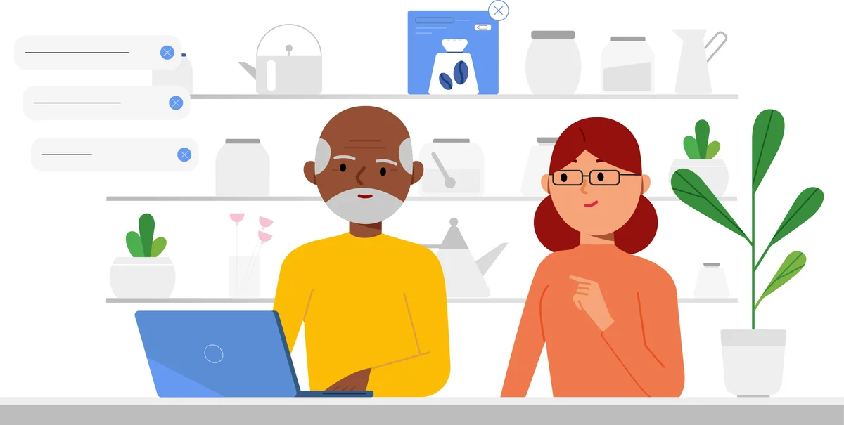 Illustration of two people standing at a counter, one with a laptop